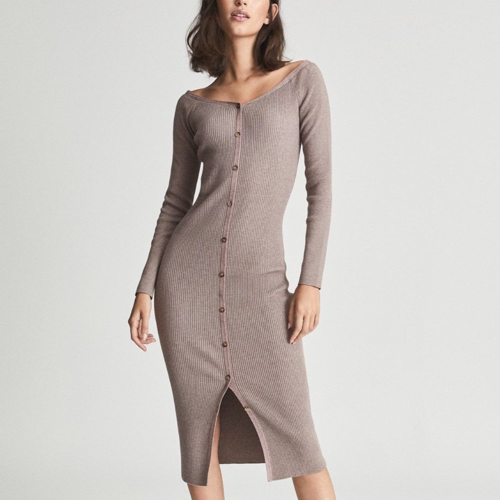 NEW Reiss Camille Knitted Button Through Midi Dress XS